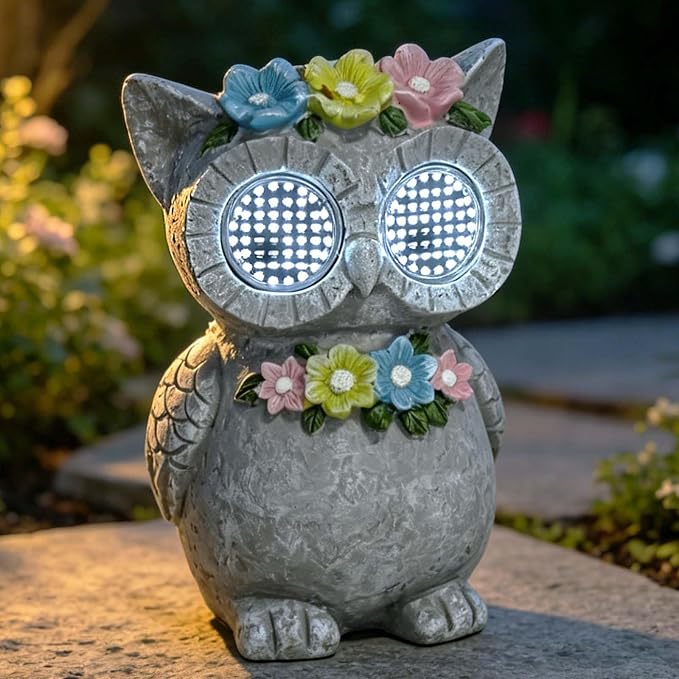 Outdoor Solar Garden Statue, Dynamic LED Light with Flower Sculpture, Art Decor for Patio Porch Lawn Backyard, Housewarming Gifts for Women (Stone Owl)