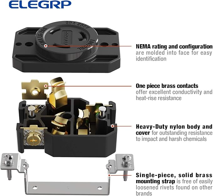ELEGRP NEMA L6-20R Flush Mounting Locking Receptacle, Twist Lock Socket/Outlet for Generator, 20 Amp 250V 2 Pole 3 Wire Grounding, Industrial Grade Heavy Duty, UL Listed, 1 Pack, Black
