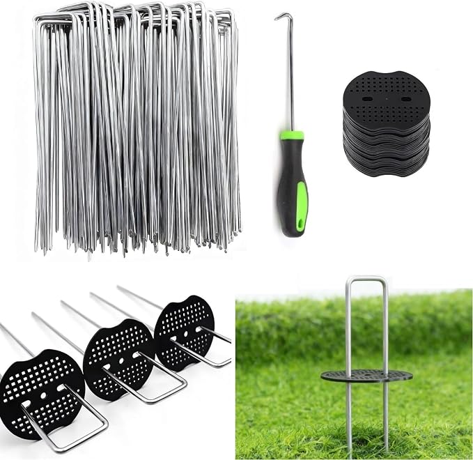 8 Inch 50 PCS Galvanized Landscape Staples with 50 PCS Gasket, Landscape Fabric Pins Stakes Lawn Ground Cover Graden Staples Spikes Weed Barrier Stakes