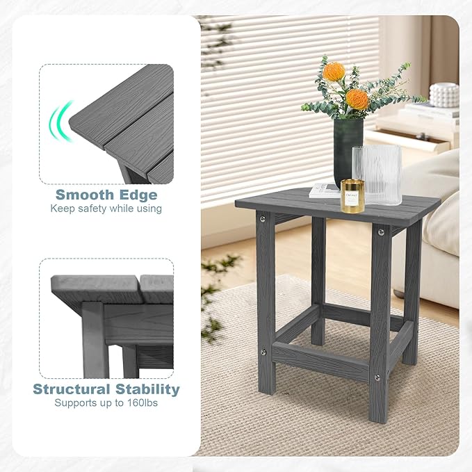 Meluvici Outdoor Side Table, HDPS Single Adirondack Side Table Weather Resistant, Table for Adirondack Chair, Outside End Table for Patio, Pool, Deck, Porch, Outdoor or Indoor Use, Grey