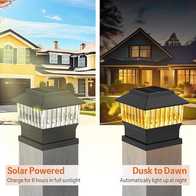 Solar Post Cap Lights 4 Pack, Modern #2: Fits True 4x4 Vinyl & 5x5 Wood Posts, 3 Color Temperature, 50 Lumen Waterproof Outdoor Lights for Deck Fence, Matte Black