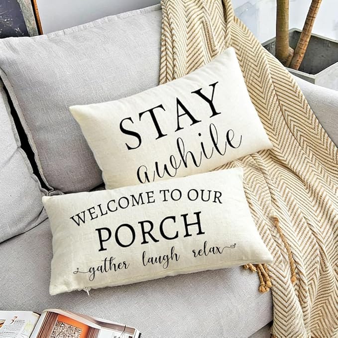 RABUSOFA Welcome to Our Porch Decor Outdoor Pillow Covers Waterproof,12x20 Set of 2 Cream Stay Awhile Relax Lumbar Cushion Case Decorations for Patio Couch (Cream)