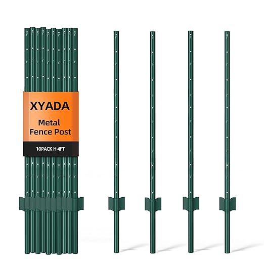 Metal Fence Post 4feet, Heavy Duty Garden Fence Post for Holding Wire Fence, Sign U Post Pack of 10 Sturdy Outdoor No Dig Fence Post for Garden Yard – Green