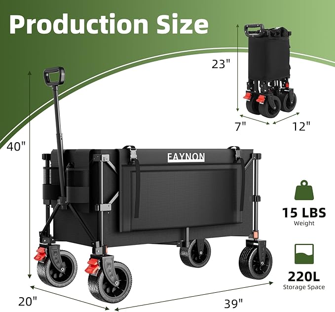 EAYNON 38" L Collapsible Foldable Extended Wagon,440lbs Weight Capacity with 220L Heavy Duty Folding Cart, Utility Wagon with Side Storage Pockets& Drink Holders,Black