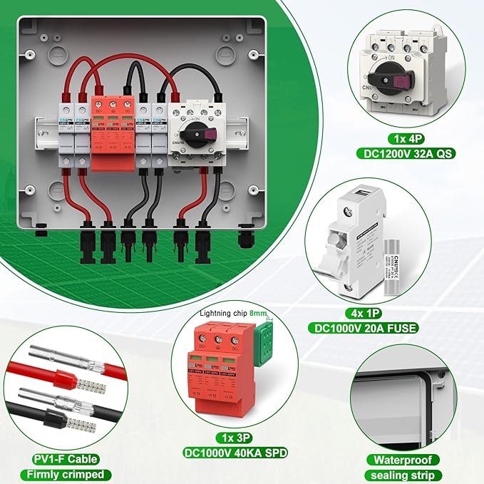 2 String Solar PV Combiner Box 2 in x20A 1 Out x 32A IP65 DC1000V 32A Disconnect Switch with Surge Protector and 20A PV Fuse, Circuit Breaker Outdoor IP65 Waterproof for Solar Panels System