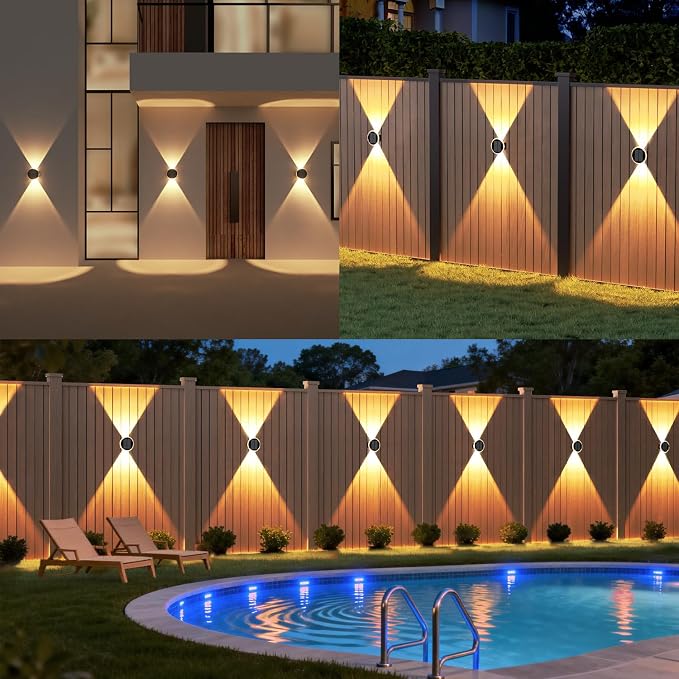 Ellasay Fence Solar Lights: 360° Circular Lighting Solar Powered Wall Lights 12 Hours Long Runtime Up and Down Waterproof IP65 & 3 Modes High Brightness LED Focus Lens for Patio/Yard - 4 Pack