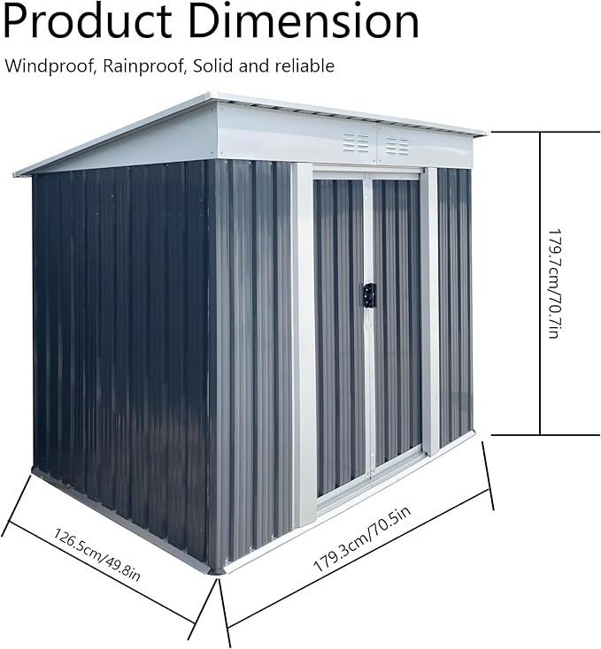 KEIKI 6x4 FT Outdoor Storage Shed with Pent Roof and Lockable Sliding Door, Small Waterproof Galvanized Steel Storage House with Aluminum Alloy Frame for Garden, Backyard, Patio, Lawn, Grey & White