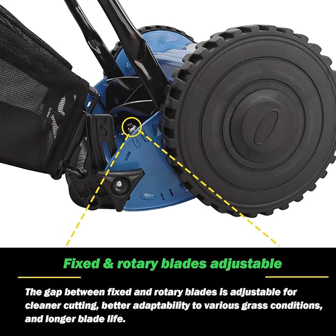 14-Inch 5-Blade Manual Push Reel Lawn Mower Cordless, with Removable Grass Catcher Bag & Adjustable Cutting Height, for Yard & Garden Grass Cutting, Blue