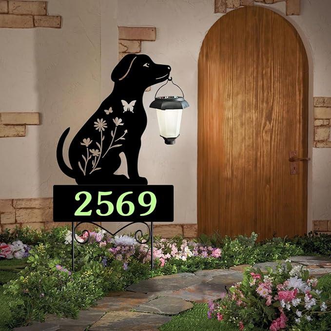 Solar House Numbers for Outside,Metal Dog Address Signs for Houses Yard | Glow in The Dark Decorative Outdoor Ornaments for Garden Stakes,Lawn,Pathway,Patio