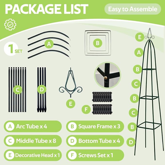 100% Metal Obelisk Trellis for Climbing Plants Outdoor - Heavy Duty Stone Coated Steel Garden Tower Trellis - Tall Sturdy Rustproof Vertical Plant Support for Climbing Vine Vegetables Flowers