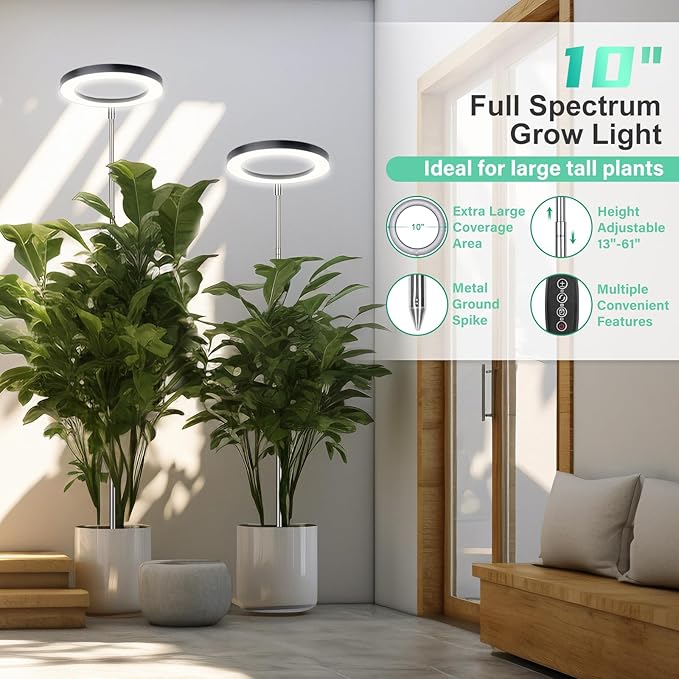 LORDEM 10.2" Full Spectrum Plant Light, 160 LEDs Large Grow Light for Indoor Tall Plants, Growing Lamp with 4/8/12H Auto Timer, 6 Dimmable Levels, 3 Spectrum Modes, 65" Height Adjustable, Pack of 2