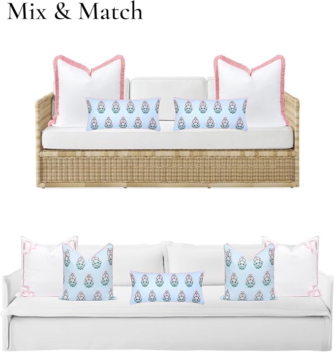 Hofdeco Premium Coastal Grandmillennial Patio Indoor Outdoor Lumbar Pillow Cover Only, 12"x26" Water Repellent for Backyard, Couch, Poolside, Baby Blue Pink Print Flower