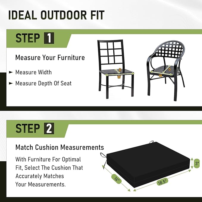 Basic Beyond Outdoor Chair Cushions Set of 4, Square Corner Outdoor Cushions for Patio Furniture, Water Resistant Patio Chair Cushions with 2 Ties, 18.5x16x3, Black