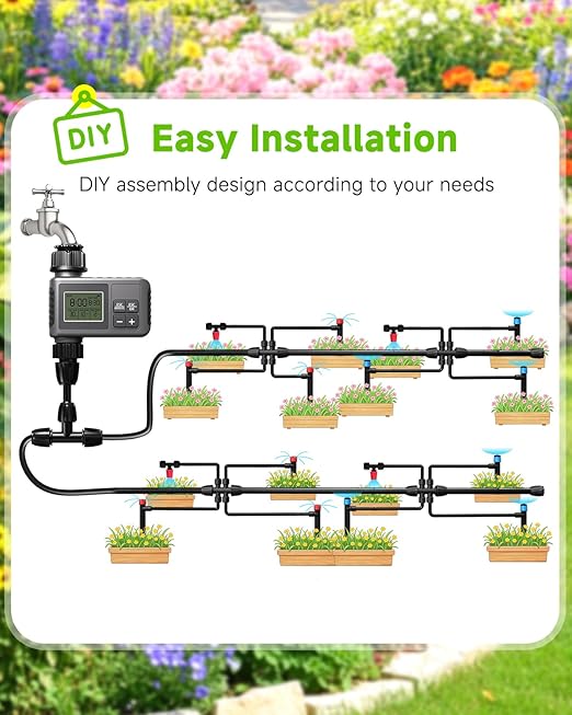 124FT Drip Irrigation System with LCD Timer, Automatic Watering System Kits,1/2 Inch Hose 1/4 Inch Distribution Tubing 3 Sprayer Types, for Garden, Greenhouse, Garden, Lawn