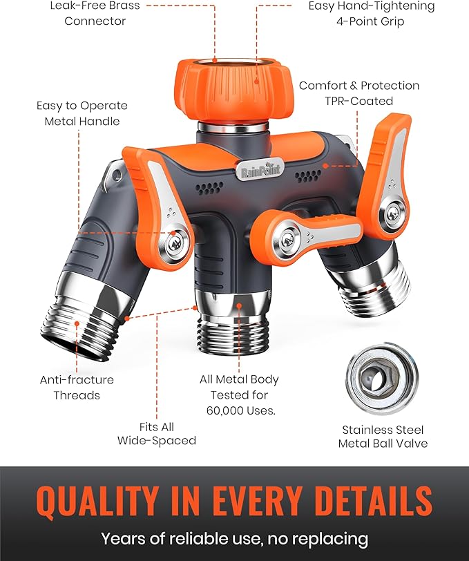 RAINPOINT 3 Way Hose Splitter, 100% Metal Heavy Duty Garden Hose Splitter With 1.9" Extra Long Handle & Individual Shut Off, 3/4 Inch GHT Thread Water Hose Connector For Spigot Faucet (Orange)