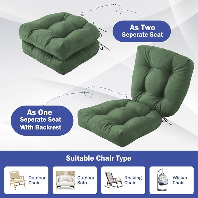 IPYNBAP Outdoor Chair Cushions Set of 4, Patio Chair Cushions with Ties, 19x19+5” Tufted Outdoor Seat Cushions, Waterproof Patio Furniture Cushions, Outdoor Dining Chair Pads, Forest Green