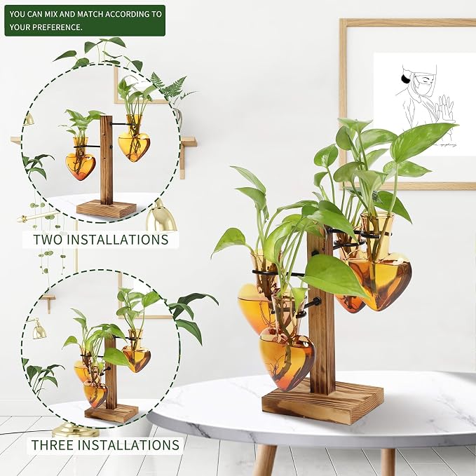 Plant Terrarium Propagation Stations with Wooden Stand | Glass Vase for Indoor Hydroponics Home Garden Office Decoration Gift for Women - 4 Love Bulb Vase