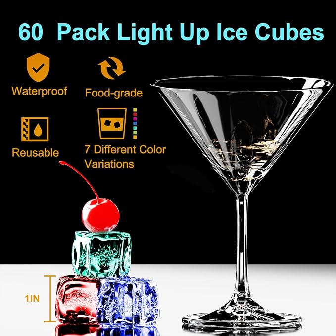 60PCS Waterproof LED Light Up Ice Cubes for Drinks That Change Colors Flashing Glow in the Dark for Bar Club Drinking Party Wine Wedding Swimming Pool Decoration