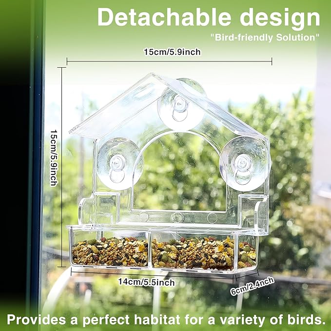 2PCS Window Bird Feeder with 4 Extra Strong Suction Cups, Clear Birdfeeders Bird House for Outdoors Window Viewing Outside, Removable Tray Birdhouse