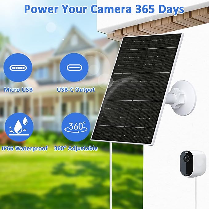 FUTUREZEN 6W Solar Panel for Arlo Camera, Solar Charger Compatible with Arlo Essential 2K (2nd Gen), Essential XL & Spotlight Cameras, USB C & Micro USB Plug, IP66 Waterproof, 9.8ft Cable
