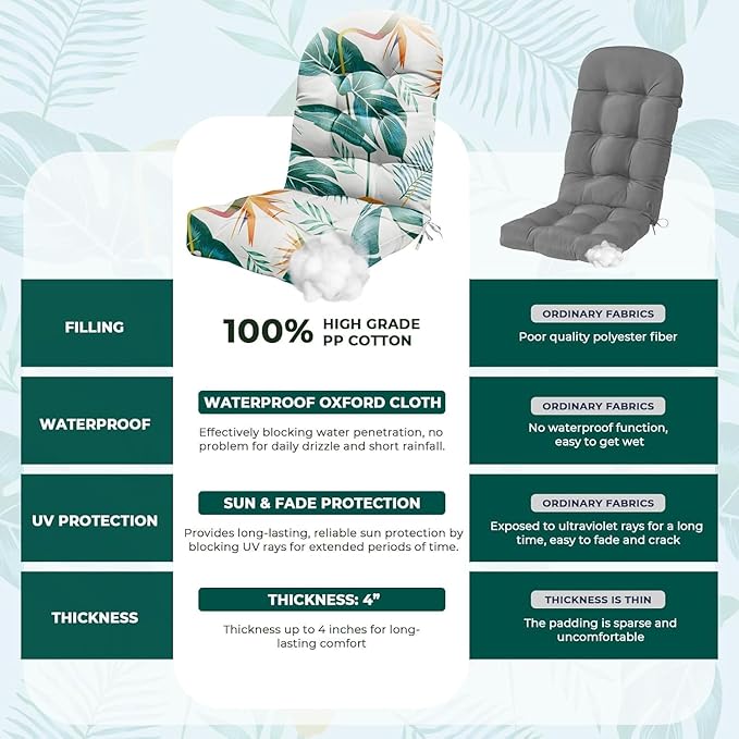 Adirondack Chair Cushion Waterproof Indoor Outdoor Rocking Chair Cushion 44 Inches Patio High Back Chair Cushions Thickened Adirondack Rocking Chair Cushions with Ties, Yellow-Green Leaf