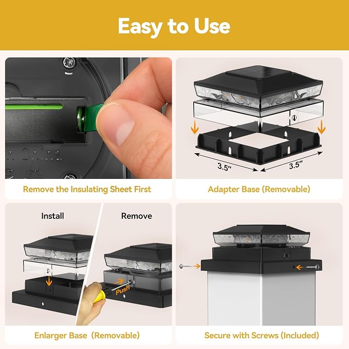 Solar Post Cap Lights, Upgraded Outdoor Deck Fence Post Solar Lights for 4x4 5x5 Wood/Vinyl Posts, IP65 Waterproof, 10-12 Hours Warm White Glow for Garden/Patio/Porch - 6-Pack, Dark Black