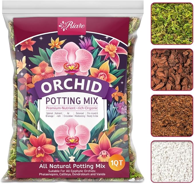 Riare 1QT Orchid Potting Mix for Repotting- Orchid Repotting Kit Include Moss, Pine Bark, Perlite, Coco Peat- Premium Orchid Soil Medium for Indoor Potted Plants Root Ventilation & Expanding