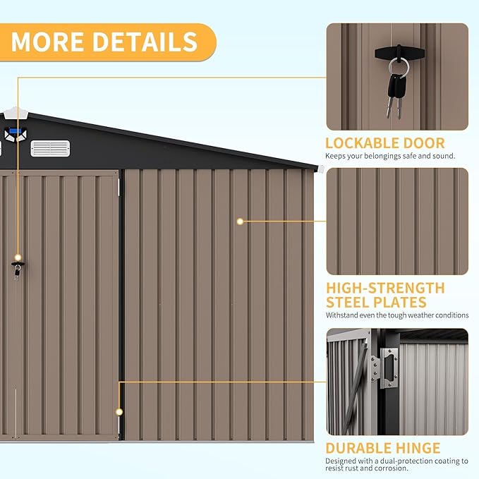10x12FT Metal Storage Shed with Sloped Roof, Lockable Doors, Solar Light, Windows, and Vents, Outdoor Storage Sheds for Garden, Backyard, Patio Tools and Equipment