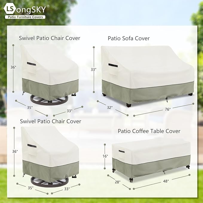 Patio Furniture Covers 4 Piece Set, 600D Heavy Duty Outdoor Furniture Covers Waterproof for Patio 3-Seater Sofa,Swivel Rocker Chair and Coffee Table Furniture Set,Beige,X-Large