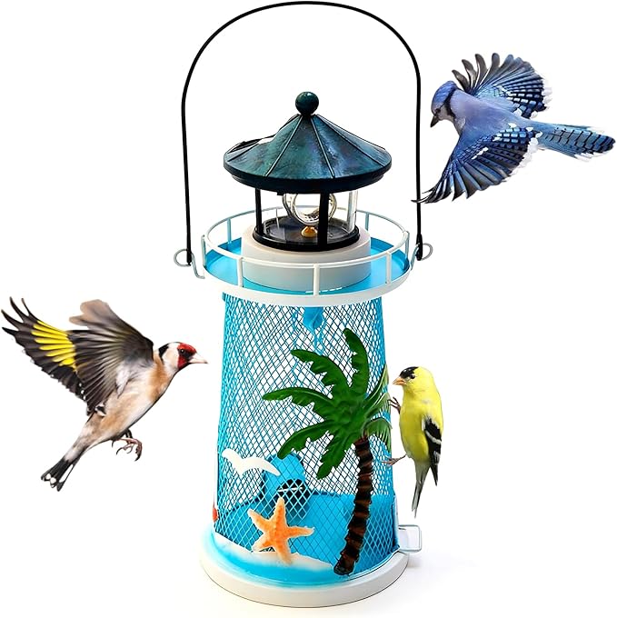 Solar Lighthouse Bird Feeder with Rotating Beacon - 14" Hanging Best Birdfeeder Gifts for Bird Lovers(Beach Blue)