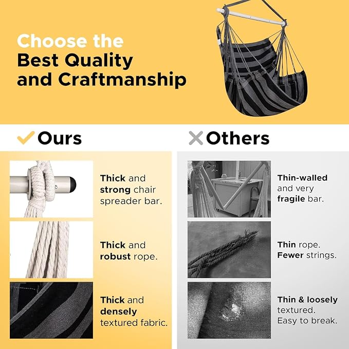 ADVOKAIR Hammock Chair Hanging Chair Swing Large Indoor with Anti-Slip Steel Spread Bar and Pocket-Max 500lbs-2 Cushions, Perfect for Bedroom,Outdoor,Patio, Porch,Backyard