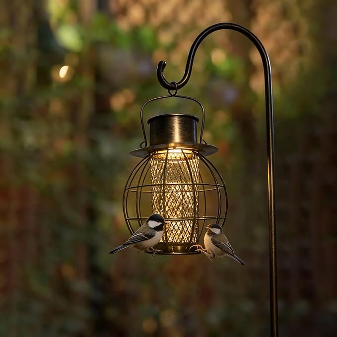 Heavy Duty Metal Bird Feeder for Outside, Retro Lantern Shape,Squirrel Proof Bird Feeder for Wild Birds,Solar Lantern for for Garden Decor,Unique Gifts for Mom, Grandma (Bronze)