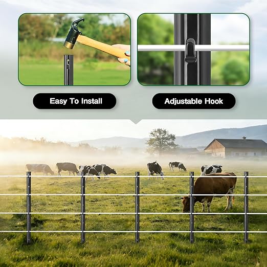 Gtongoko 10 Pack 4FT Heavy Duty Metal Fence Posts, Black U Channel No Dig Fence Stakes with Anchor Plate, 14 Gauge Steel Posts for Wire Fencing, Garden Protection, Animal Barrier, Yard & Farm Boundary