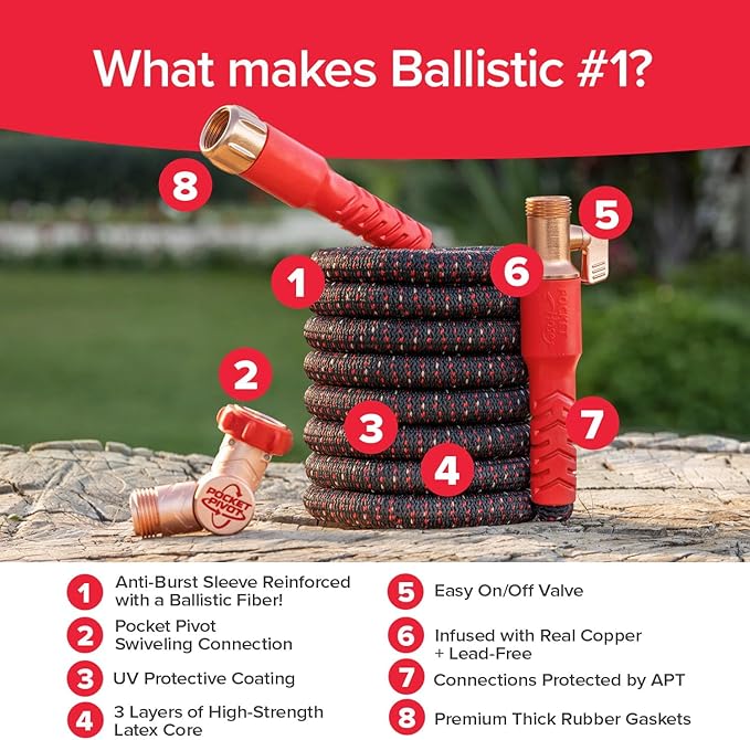 Pocket Hose Ballistic 75 FT Expandable Garden Hose w/Pocket Pivot Swivel Connector, Anti-Burst Sleeve Reinforced with Bulletproof Fiber, Lightweight, No-Kink, Compact, UV-Protected, AS SEEN ON TV