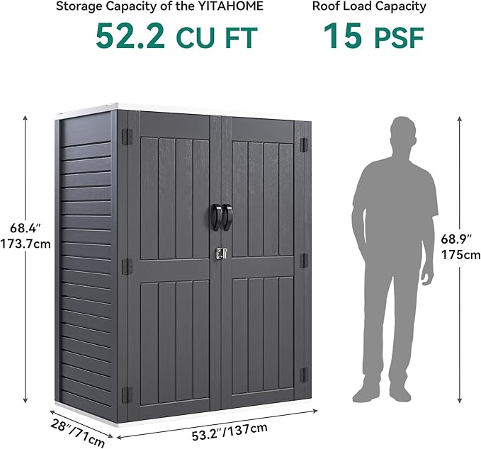 YITAHOME 59 cuft Vertical Outdoor Storage Shed w/o Shelf, 5.6 x 2.3 ft Lockable Resin Waterproof Tall Storage Cabinet, Suitable for Patio Furniture, Pool Accessories, and Garden Tools, Dark Gray