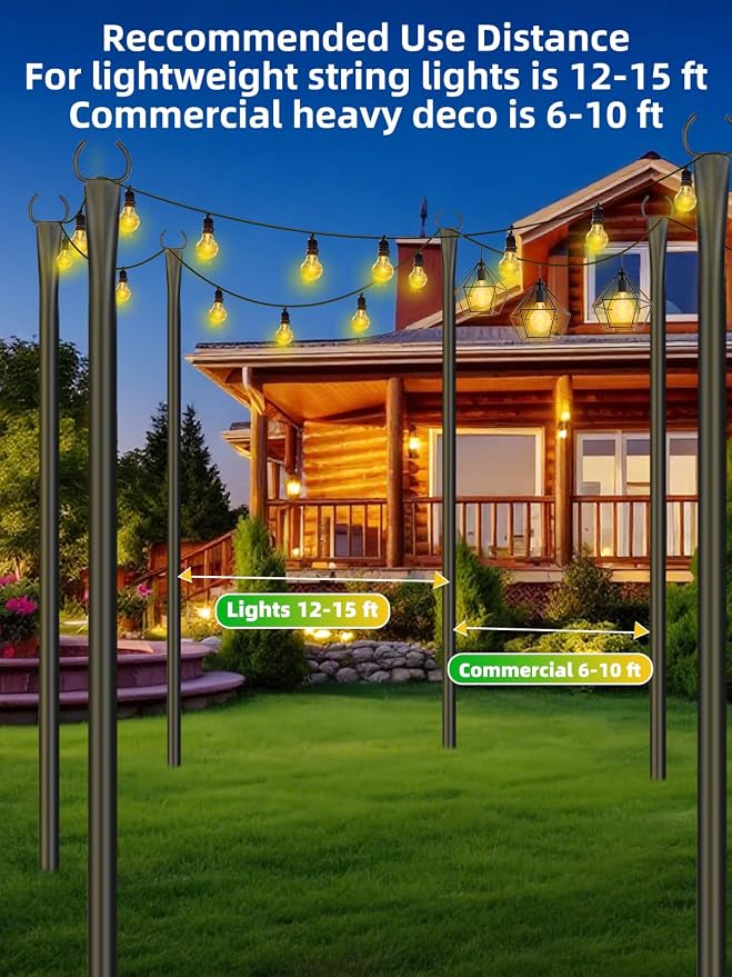 6 Pack String Light Poles for Outside, 10ft Metal Outdoor String Light Poles for Deck - Ideal for Patio, Garden, Yard, Front Porch Decorations, Black
