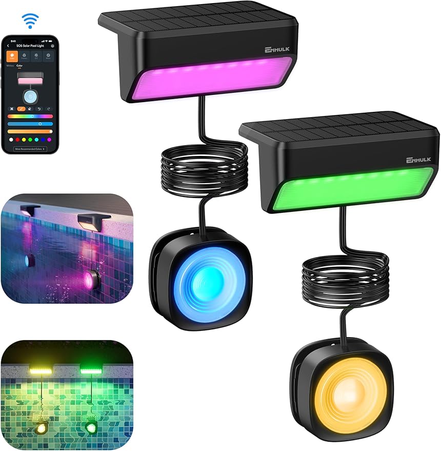Enhulk Solar Pool Lights with RGBW APP Control,IP68 Waterproof Smart Solar Power Pool Lights for Above Ground Pool,Led Pool Lights for inground Pool, Pond, Patio, Black 4-Pack