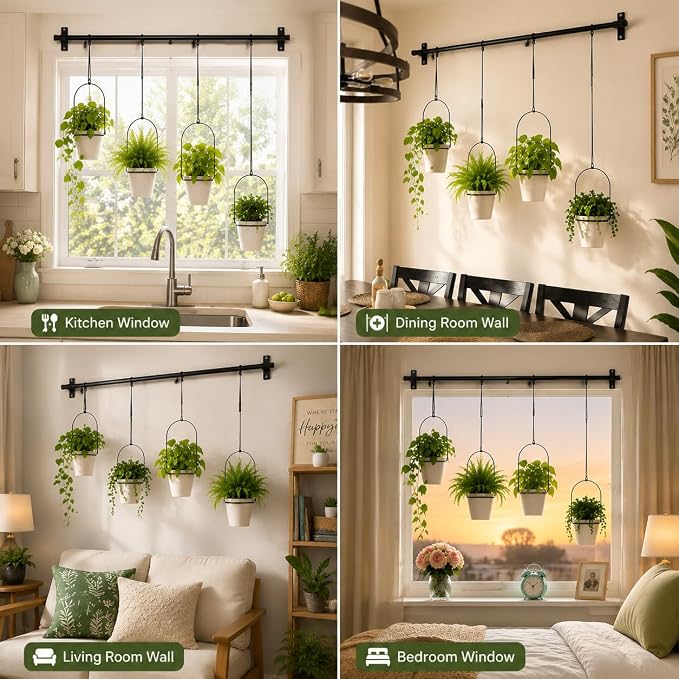 Adjustable Hanging Window Planter with 4 Pots, Space Saving Indoor Herb Garden Plant Hanger, Metal Vertical Plant Rack for Kitchen, Balcony & Home Deco41in-4 Flower pots