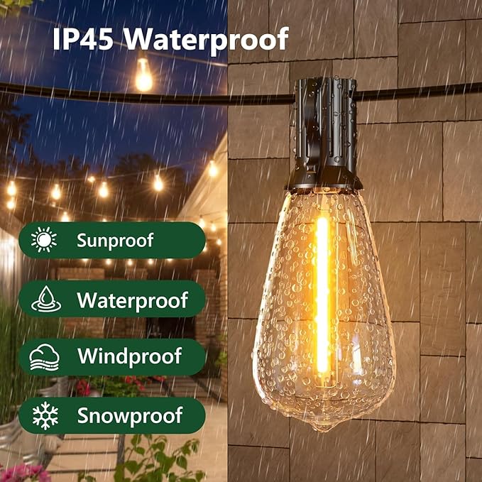 50FT Outdoor String Lights, Waterproof Patio Lights with Shatterproof ST38 Vintage Edison Bulbs, Connectable Outside Hanging Lights for Backyard, Porch, Deck, Balcony, Garden, 2500K Dimmable