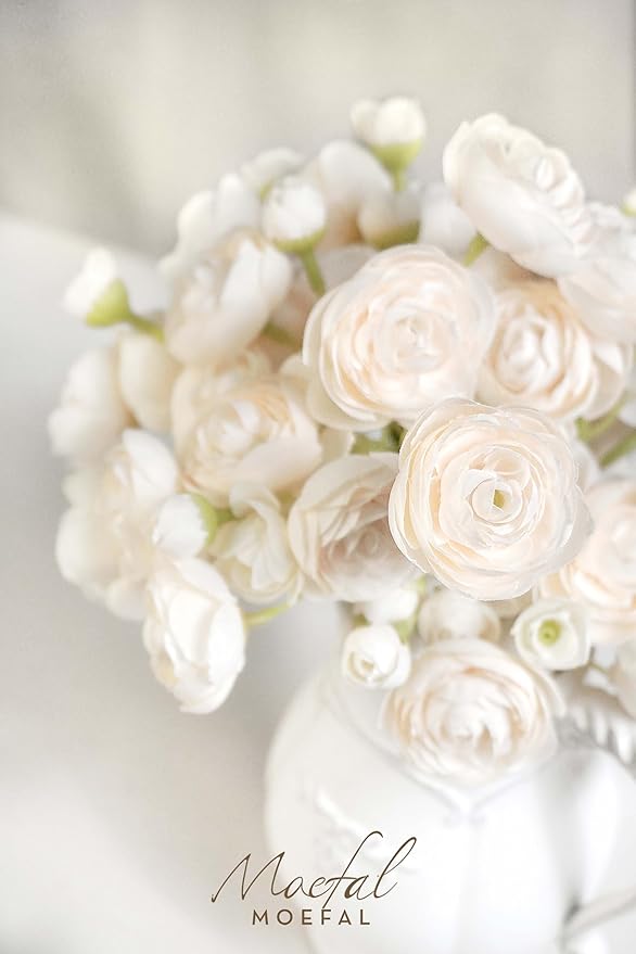 Ranunculus Artificial Flowers 18pcs, Faux Silk Mini Ranunculus Bulk Fake Wedding Filler Flowers for DIY Bouquets Centerpieces Bridal Shower Decorations Arrangements, Cream