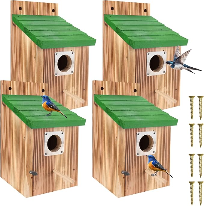 4-Pack Blue Wooden Bird Houses for Outdoors with Predator Guard, Bluebird Houses for Outside – Ideal for Bluebirds & Other Backyard Birds, Green