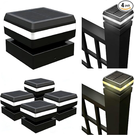 4-Pack Solar Fence Post Cap Lights, IP65 Waterproof for 2"x2" & 3"x3" Posts (5x5cm & 8x8cm), Outdoor Wall & Deck Lighting with Warm White/Cool White
