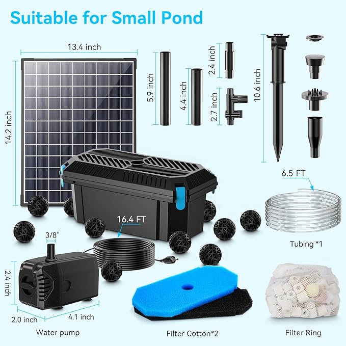 POPOSOAP 25W Solar Water Pump with Pond Filter, Solar Pond Filter with Pond Pump Water Flow Adjustable, Pond Filter with PVC Tubing for Outdoor Ponds Fish Tank Waterfall Garden Water Features P3253
