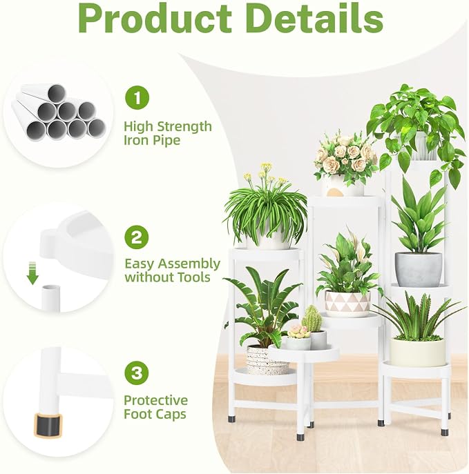 iDavosic.ly 8 Tier Folding Plant Stand Indoor Outdoor with Plastic Tray, Tiered Corner Flower Holder Shelf, Metal Orchid Display Rack for Patio Porch Living Room Garden Balcony, White