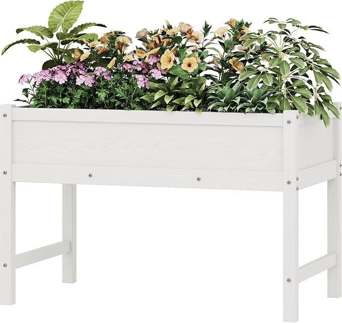 HDPE Raised Garden Bed with Legs, Outdoor All-Weather Elevated Planter Box Raised Beds for Seeds, Herb, Flower, Vegetable (White)