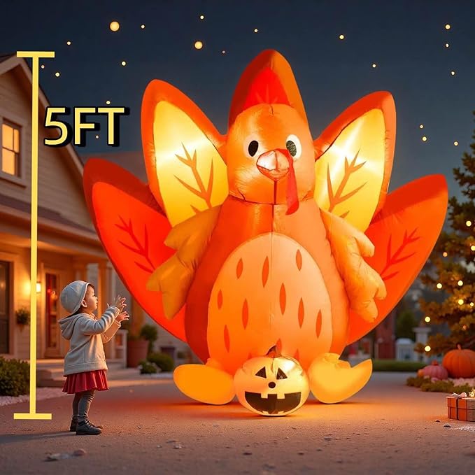 5FT Halloween & Thanksgiving Inflatable Turkey&Pumpin,with Built-in LED Lights, Outdoor/Indoor Seasonal Decoration with Pumpkin, Yard Lawn Garden Holiday Blow-Up Decor