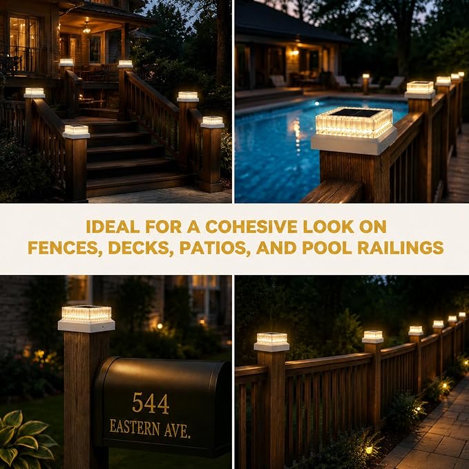 Solar Post Cap Lights Outdoor, 2 Pack Waterproof Fence Post Solar Lights 3000K with Fade-Proof Clear Lampshade Deck Post Lights Fit for 3x3 4x4 5x5 Vinyl/Wood Posts Garden Patio Porch