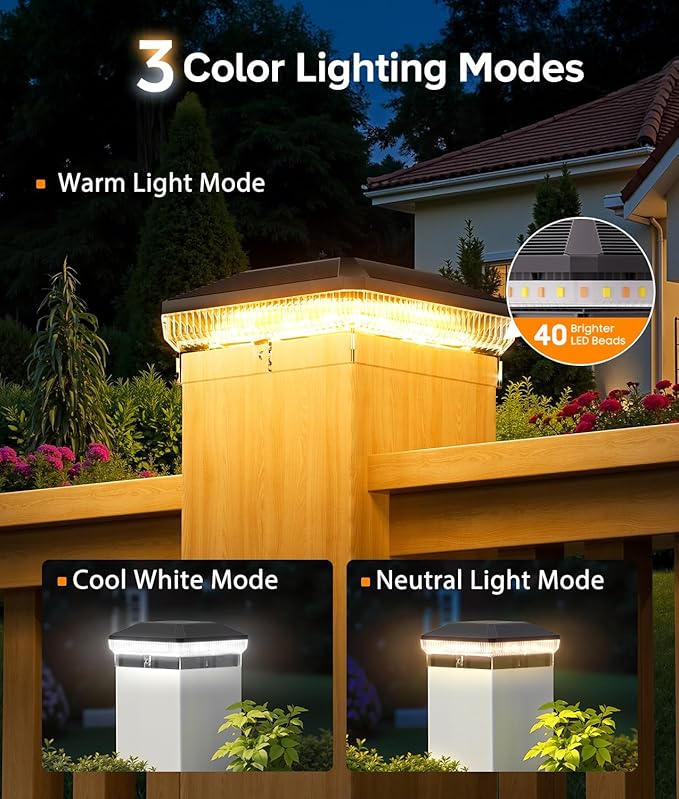 2 Pack 3 Modes 4x4 Solar Post Cap Lights Outdoor, 40 LEDs Post Solar Lights Outdoor Waterproof, Fence Post Solar Lights, Solar Powered Deck Fence Post Lights for Vinyl Wooden Post