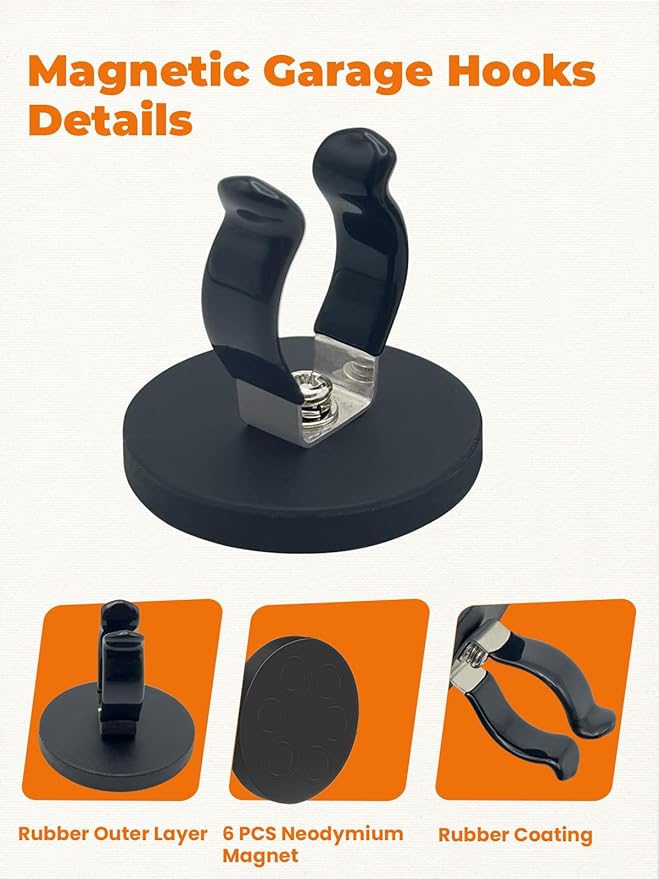 Universal Magnetic Garage Hooks, Magnet Base with Black Anti Slip Spring Clamp for Indoor & Outdoor for Garden Tool;Shed;Kitchen;Basement;Garage;RV;Workshop -4 Pack