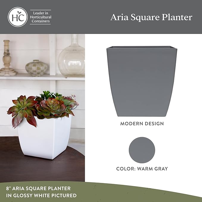 The HC Companies 6 Inch Aria Square Self Watering Planter - Plastic Plant Pot for Indoor Outdoor Plants Flowers Herbs, Warm Gray